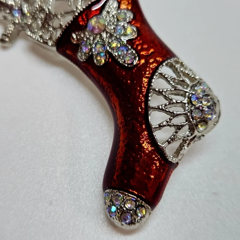 VINTAGE Red Enamel Ornate Silver Tone Christmas Stocking Toys Brooch Pin